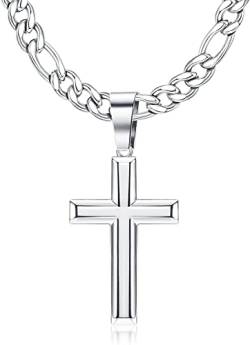 Krfy Kreuz Kette 925 Silber mit Figarokette aus Edelstahl Zarte Hochglanzpolierte Abgeschrägte Kante Kreuzanhänger Halskette Kreuzkette für Männer und Frauen 18/20/22/24/26/30 Zoll von Krfy