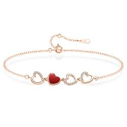 Roségold Amband Damen Hülse Herz ArmKette, Empfindlich Klein Vier Herz mit Kristall Liebe Armschmuck in 925 Silber, mit Schmuck Geschenkbox Rotes Herz von KristLand