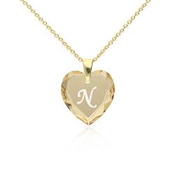 Damen Ketten mit Gravur 925 Silber vergoldet, SWAROVSKI ELEMENTS Herz Anhänger Farbe Golden Shadow Buchstabengravur " N ", Herzkette als Geschenk für die Frau, Freundin oder zum Valentinstag von Kristallwerk