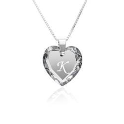 Kette Damen 925 Silber, SWAROVSKI ELEMENTS Herz Anhänger Farbe Crystal Silber Buchstabengravur " K ", Herzkette als Geschenk für die Frau, Freundin oder zum Valentinstag von Kristallwerk