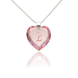 Kette mit Gravur 925 Silber, SWAROVSKI ELEMENTS Herz Anhänger Farbe Rosé AB und Buchstabengravur " L ", Herzkette als Geschenk für die Frau, Freundin oder zum Valentinstag von Kristallwerk