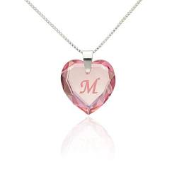 Kette mit Gravur 925 Silber, SWAROVSKI ELEMENTS Herz Anhänger Farbe Rosé AB und Buchstabengravur " M ", Herzkette als Geschenk für die Frau, Freundin oder zum Valentinstag von Kristallwerk