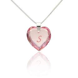 Kette mit Gravur 925 Silber, SWAROVSKI ELEMENTS Herz Anhänger Farbe Rosé AB und Buchstabengravur" S", Herzkette als Geschenk für die Frau, Freundin oder zum Valentinstag von Kristallwerk