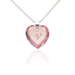 Lieblingsstück Kinderkette 925 Sterling Silber mit SWAROVSKI ELEMENTS Herz Anhänger Farbe Rosé AB und Buchstabengravur V Herzkette als Geschenk für die Frau Freundin oder zum Valentinstag von Kristallwerk