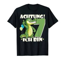 Achtung! Ich bin 7 Jahre Junge 7. Geburtstag Alligator T-Shirt von Krokodile Geburtstag für Jungen & Mädchen