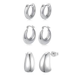 Kryzalite® 3 Paar 14K Vergoldete Klobige Creolen-Set, mit Schmuckschatulle und 2 Tüchern zum Abwischen von Silber, für Damen, Leichte, für den Täglichen Gebrauch (Silber) von Kryzalite