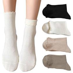 Kryzalite® 4 Paar Damen-Söckchen mit niedlichen Rüschen, Rüschen und Umschlagmanschette, gewellte Pointelle-Socken, solide, lässige Crew-Socken von Kryzalite