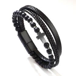 Kryzalite® Kreuz Obsidian taufgeschenk hang duftstein Herrenarmband, Edelstahl Echtes Leder Armband, Schmuckgeschenke für Männer von Kryzalite