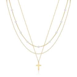 Kryzalite® Mehrschichtige Halsketten für Frauen, zierliche goldene Halskette, plattierte Fischgräten-Halskette für Frauen, Perlen-Kreuz-Halskette, Büroklammer-Kette von Kryzalite
