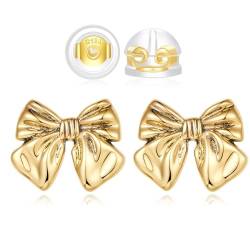 Kryzalite Kokette Goldschleifen-Ohrringe für Damen mit Geschenkbox, Im Lieferumfang ist 1 Paar 18K hypoallergene Silikon-Ohrstöpsel enthalten von Kryzalite