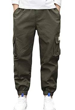 Jungen Cargohose,Jogginghose für große Jungen, Kinder Jogginghose mit Elastischem Bund,Cargohose Jungen mit Mehreren TaschenLoose Fit Freizeithose Herbst Winter Outfits (Grün, 160) von Ksmate