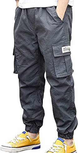 Kinder Junge Cargo Jogginghose,Cargohose mit Gummizug,Baumwolle Tarnhose mit Mehreren Taschen,Kinder Sporthose Frühling ?Herbst Winter Hosen Elastische Taille Hose (Grau,164-170) von Ksmate