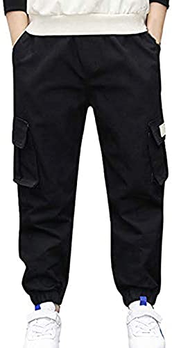 Kinder Junge Cargo Jogginghose,Cargohose mit Gummizug,Baumwolle Tarnhose mit Mehreren Taschen,Kinder Sporthose Frühling ?Herbst Winter Hosen Elastische Taille Hose (Schwarz,134-140) von Ksmate