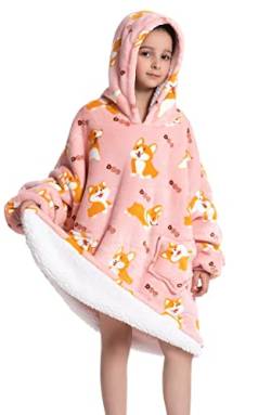 Ksnnrsng Kinder Übergroße Hoodie Tragbare Decke Kapuzenpullover Weich Bequeme warmes Decke Sweatshirt für Jungen Mädchen Teenager (Corgi, 3-6 Jahre) von Ksnnrsng