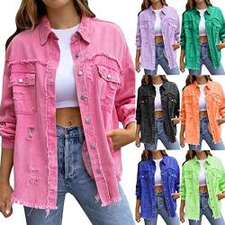 Kswlwccpp Pinke Jacke Damen, Oversize Boyfriend Ripped Elegant Übergangsjacke Damen-Jacken Günstig Lang Stretch Frühling Jeans Jacken Denim Jacket Tailliert Vintage Jeansjacke Jeansmantel von Kswlwccpp