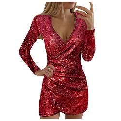 Silvester Kleid Damen: Sexy A-Linien Midi Glitzerkleid Paillettenkleid Curvy Langarm Festlich Pailletten Kleid Partykleid V-Ausschnitt Eng Elegant Knielang Spitzenkleid Glitzer Kleid von Kswlwccpp