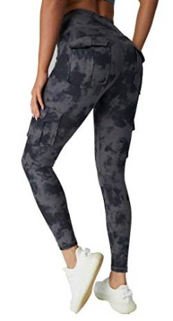 KUACUA Yogahose mit hoher Taille und 4 Taschen, Bauchkontrolle, Workout-Hose für Damen, 4-Wege-Stretch-Yoga-Leggings, Schwarz / Camouflage, S von KuaCua
