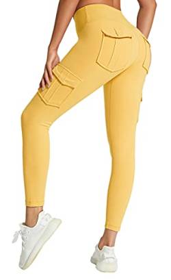 KUACUA Yogahose mit hoher Taille und 4 Taschen, Bauchkontrolle, Workout-Hose für Damen, 4-Wege-Stretch-Yoga-Leggings, gelb, M von KuaCua