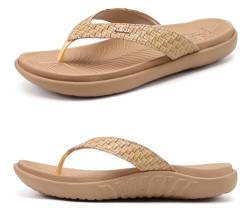 KuaiLu Beige Flip Flops Damen Leder Zehentrenner mit Arch Support für Sommer Beach Frauen Bequeme Yoga Mat Tanga Sandalen für Plantar Fasciitis Größe 40EU von KuaiLu