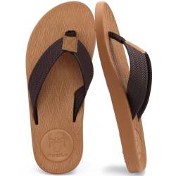 KuaiLu Flip Flops Herren Leder Zehentrenner Männer Bade Sandalen Bequeme Breite Füße Badelatschen Rutschfest Yoga Gummi Fußbett Sommer Strand Zehensandalen Drinnen Draußen Khaki 40 von KuaiLu