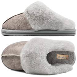 KuaiLu Hausschuhe Damen Flauschige Plüsch Lammfell Geschlossen Winter Warme Pantoffeln Frauen Kuschel Memory Fussbett Hause Slippers Rutschfest Feste Sohle Hüttenschuhe Indoor Outdoor. Gris 37 von KuaiLu