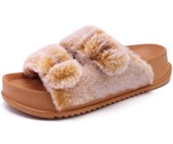 KuaiLu Hausschuhe Damen Orthopädische, Plüsch Warme Slides Sandalen für Frauen mit Weiche Fussbett Kuschelige Arch Support Flauschige Pantoffeln Offener Zeh Sommer Winter Gr. 36 Khaki von KuaiLu