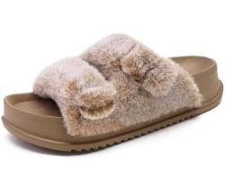 KuaiLu Hausschuhe Damen Orthopädische, Plüsch Warme Slides Sandalen für Frauen mit Weiche Fussbett Kuschelige Arch Support Flauschige Pantoffeln Offener Zeh Sommer Winter Gr. 37 Beige von KuaiLu