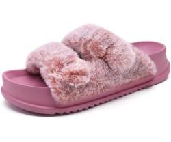 KuaiLu Hausschuhe Damen Orthopädische, Plüsch Warme Slides Sandalen für Frauen mit Weiche Fussbett Kuschelige Arch Support Flauschige Pantoffeln Offener Zeh Sommer Winter Gr. 40 Rosa von KuaiLu