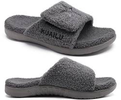 KuaiLu Hausschuhe Herren 42 Winter Warme Flauschige Fussbett Sandalen für Männer mit Klettverschluss Offener Zeh Plüsch Orthopädische Hausschuhe mit Arch Support, Grau Weihnachts von KuaiLu