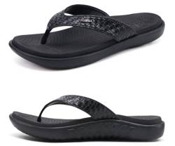 KuaiLu Schwarz Flip Flops Damen Leder Zehentrenner mit Arch Support für Sommer Beach Frauen Bequeme Yoga Mat Tanga Sandalen für Plantar Fasciitis Größe 37EU von KuaiLu