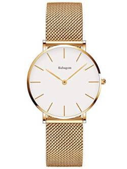 Kubagom Damen Armbanduhr Analog Quarz Edelstahl Wasserdicht Mesh Ultradünne von Kubagom