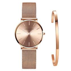 Kubagom Damen Uhren Analog Quarz Edelstahl Wasserdicht Mesh Ultradünne Set mit Armreif (Rosegold Oberfläche,Rosegold Armband,Rosegold Armreif) von Kubagom