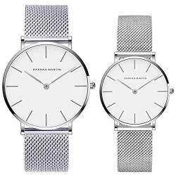 Kubagom Paar Uhren Analog Quarz Edelstahl Wasserdicht Mesh Ultradünne Set für Sie und Ihn (Weiß Oberfläche,Silber Armband) von Kubagom