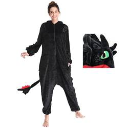 Herren Damen Schlafanzug Drache Tier Overall Reißverschluss Fuß Cosplay Kostüm Unisex Erwachsene, Schwarz, L von Kuberas