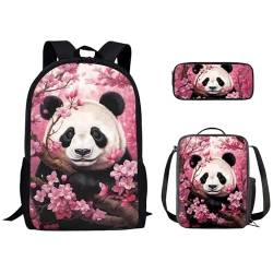 Kuiaobaty 3-in-1 Kinder-Schultasche mit Lunch-Tasche, Federmäppchen, Rucksack für Teenager, Jungen, Mädchen, Panda-Kirschblumen von Kuiaobaty