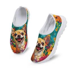 Kuiaobaty Damen Herren Slip-On-Sneaker mit Tierdruck, leicht, Damen-Totenköpfe, modische Sneaker, Fraktal-Kunst-Laufschuhe, Chihuahua Hund Blumen, 39.5 EU von Kuiaobaty