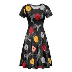 Kuiaobaty Korallen-Textur, Damen-Jersey-Kleid, Totenkopf, tägliche Outfits, Wickel-T-Shirt-Kleid, Musiknoten, Damen-Midikleid für Party, Arbeit, Musik-Vinyl-Schallplatten-Muster, Medium von Kuiaobaty