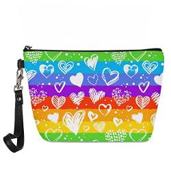 Kuiaobaty Kosmetiktasche aus Leder für Damen, Kosmetiktasche, Reise-Make-up-Tasche für Geldbörse, Kulturbeutel, Regenbogen und Herz von Kuiaobaty