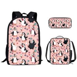 Kuiaobaty Lama, Büchertaschen, 3-teiliges Set, Elementary Middle Wolf Panda Schulranzen-Set mit isolierter Lunchtasche, Federmäppchen, Galaxie, Pinguine von Kuiaobaty