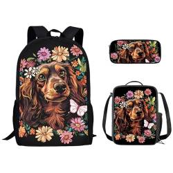 Kuiaobaty Niedlicher Tier-Rucksack für Mädchen, Büchertaschen-Set mit Lunch-Tasche, Federmäppchen, Schmetterlings-Rucksack, leichter Tagesrucksack, Hundeblumen von Kuiaobaty
