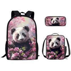Kuiaobaty Niedlicher Tier-Rucksack für Mädchen, Büchertaschen-Set mit Lunch-Tasche, Federmäppchen, Schmetterlings-Rucksack, leichter Tagesrucksack, Pandabär Blumen von Kuiaobaty