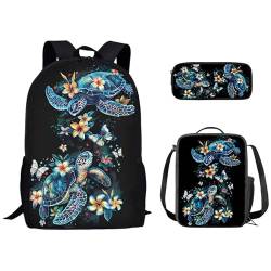 Kuiaobaty Niedlicher Tier-Rucksack für Mädchen, Büchertaschen-Set mit Lunch-Tasche, Federmäppchen, Schmetterlings-Rucksack, leichter Tagesrucksack, Schildkröten-Blumen von Kuiaobaty