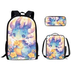 Kuiaobaty Schulrucksack Mädchen Jungen Tasche Set mit Lunchtasche Federmäppchen 3 in 1 Schultasche, Aquarell-Dino-Blumen von Kuiaobaty