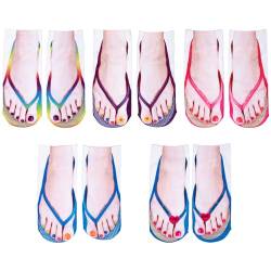 5 Paar lustige 3D-Flip-Flop-Muster-Socken, Neuheit Maniküre-Druck, Knöchelsocken für Frauen, Schwestern, Freunde, Geschenke, mehrfarbig, One size von Kunoli