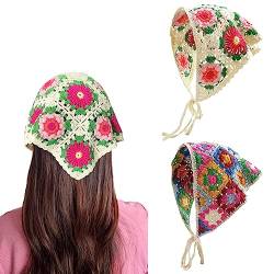 Kunyeah 2 Stück Häkelhaar-Bandana mit Blumen-Motiv, Boho-Kopftuch, Vintage-Stirnbänder, Dreieck-Haargummi, handgefertigt, Haarschmuck für Mädchen und Frauen (bunt/beige) von Kunyeah