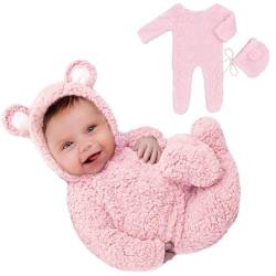 Kunyeah Baby Fleece Foto Fotografie Requisiten Outfits Kleinkind Bär Bodysuit mit Hut Neugeborenes Foto Requisiten Strampler für 0-3 Monate (Rosa) von Kunyeah