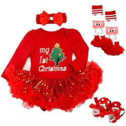 Kunyeah Baby Mädchen Erstes Weihnachtsoutfit Neugeborener Strampler Tutu Kleid Säuglingsweihnachtsrock mit Schuhen Stirnband Beinwärmer von Kunyeah