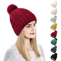 Kunyeah Damen Winter Beanie Mütze Strickmütze mit Pompon Satin Seide gefüttert Hut Warm Einfarbig Hut für Frauen Mädchen von Kunyeah