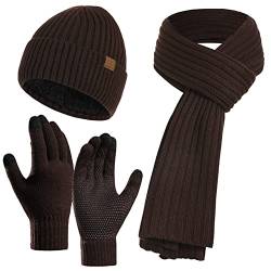 Mütze Schal Handschuhe Set Warm StrickmüTze Hut Lang Schal Touchscreen Handschuh Winter Accessoires für Herren Damen von Kunyeah