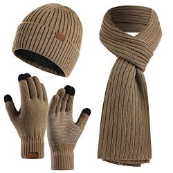 Mütze Schal Handschuhe Set Warm StrickmüTze Hut Lang Schal Touchscreen Handschuh Winter Accessoires für Herren Damen von Kunyeah